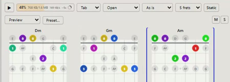 Guitar-neck chord diagrams, generated by the app.