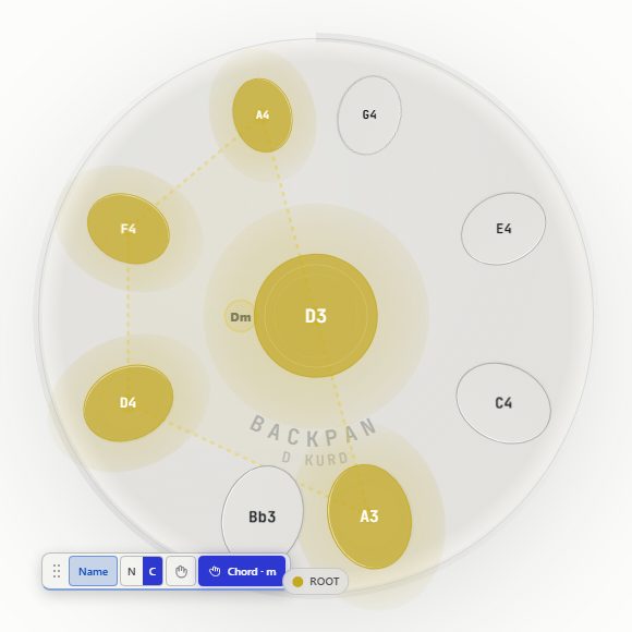 The app's handpan in Live mode: a D minor chord lit up, ready to play.