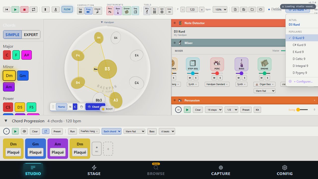 The capture screen: record your own handpan note by note, the app rebuilds it.