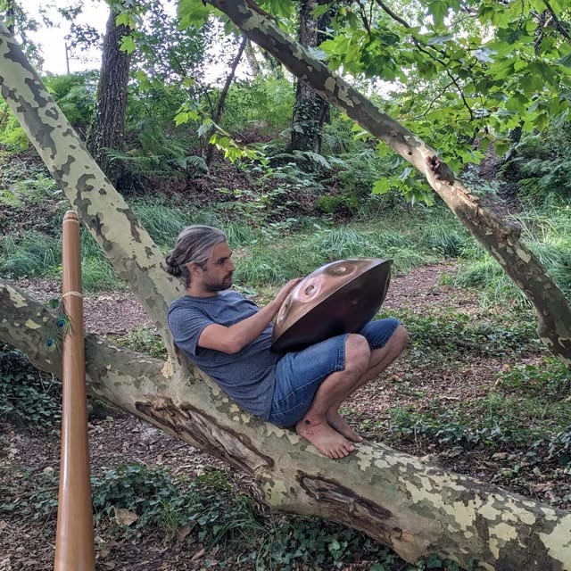 Melotonine playing handpan on a plane-tree branch, didgeridoo at hand.