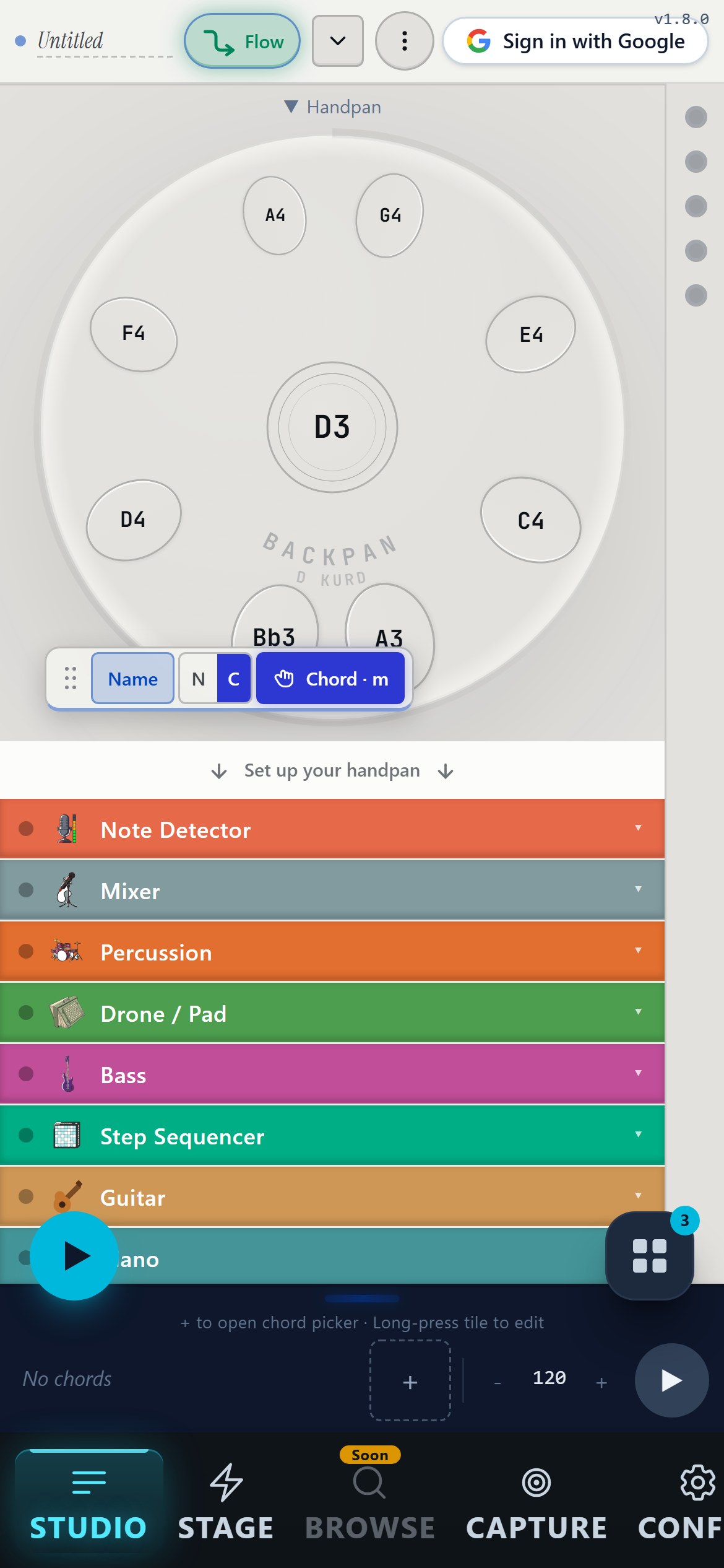 The Backpan studio running on a phone in portrait: the handpan and the stacked instrument modules.