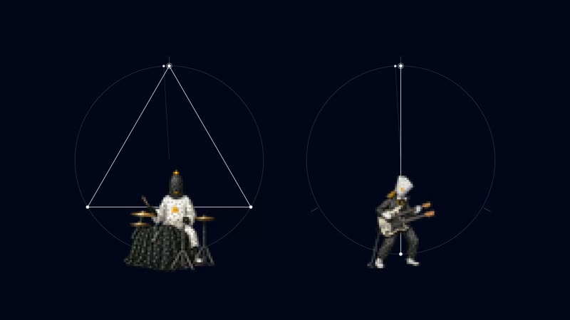 The app's XronoMorph visualizer: two polyrhythm circles with the drummer and the guitarist.