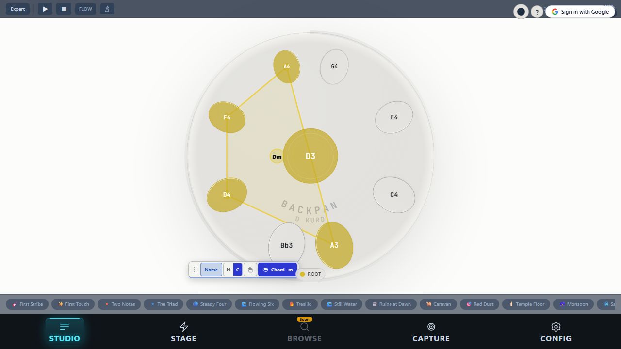 Stage view: the handpan fills the screen, one tap away from playing.