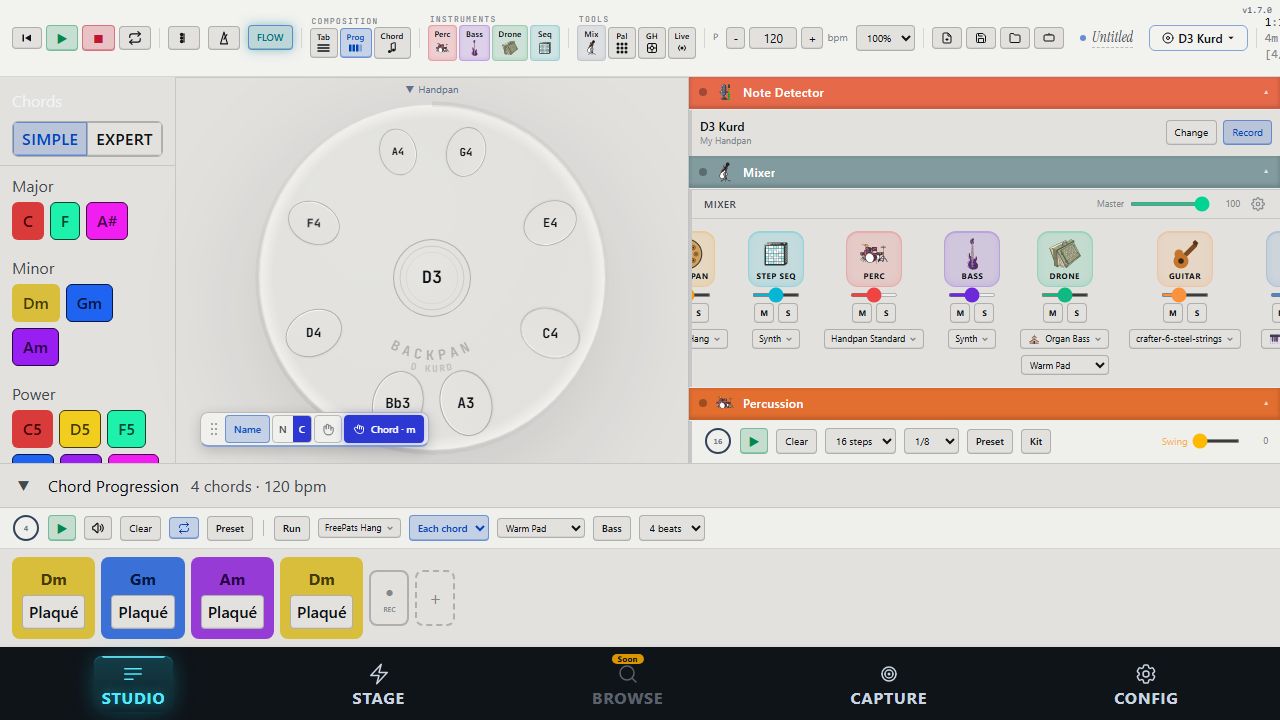 The Backpan studio: D Kurd handpan, chord palette and the mixer's five instrument channels.
