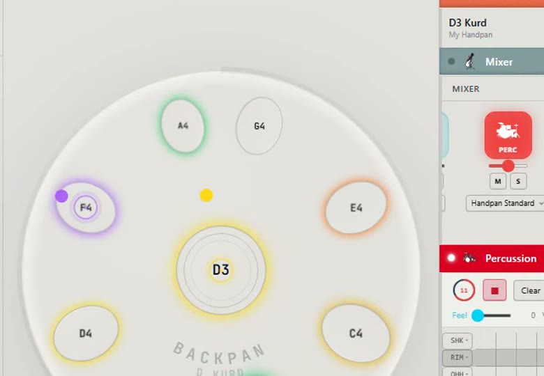 Guitar Hero mode: particles converging on the handpan's next chord pads.
